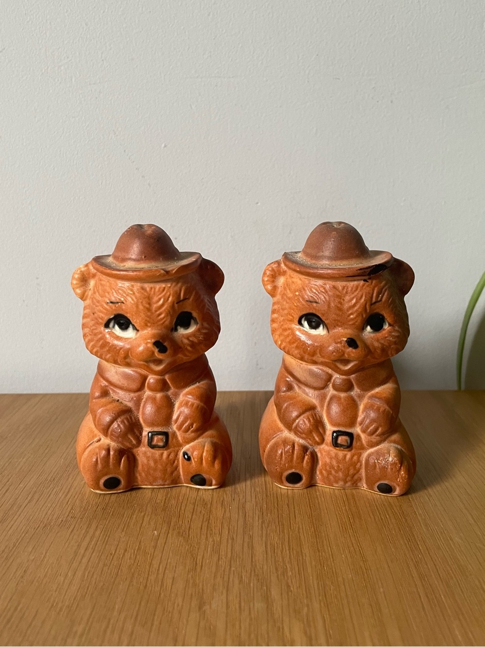 Vintage MCM Smokey Bear Forest Ranger Ceramic Salt & Pepper Shakers 1960s